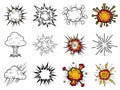 Dynamic comic book style explosion bursts, cloud effects, and radial lines representing impact and sound Royalty Free Stock Photo