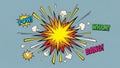 Dynamic Comic Book Style Explosion with Sound Effects on Blue Background Royalty Free Stock Photo