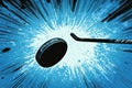 Dynamic comic-style hockey illustration with a speeding puck and hockey stick on an explosive blue background Royalty Free Stock Photo