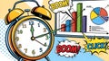 Business Deadline Comic Clock, Charts, Boom! Click! Royalty Free Stock Photo