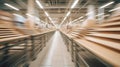 A dynamic composition featuring the empty wooden table in the foreground supermarket blurred in the background, Generative AI