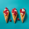 Dynamic Composition: Ice Cream Cones With Raspberries On Turquoise Background