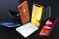 Dynamic composition of iPhone XR colorful smartphones falling