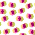 Bright yellow-pink and pink-olive hexagons on a white background for textile. Seamless pattern. Royalty Free Stock Photo