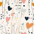 A dynamic composition of thin lines, small hearts, and vibrant dots in a mix of warm and cool colors