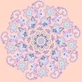 Round pattern of floral and abstract elements in blue shades on a pink background for decoration. Royalty Free Stock Photo