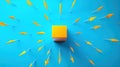 Dynamic conceptual image of yellow cube and arrows on blue background representing innovation, direction, and strategic Royalty Free Stock Photo