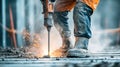 Dynamic construction action shows worker operating electric jackhammer breaking concrete with safety gear Royalty Free Stock Photo
