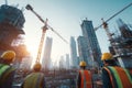 A dynamic construction site is alive with activity as workers in safety vests and helmets monitor the progress of towering Royalty Free Stock Photo