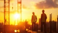 Dynamic Construction Site At Golden Hour With Blurred Background Of Workers In Action And Warm Royalty Free Stock Photo