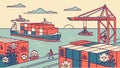 Dynamic Container Port Scene with Cargo Ships & Cranes, vector design Generative AI Royalty Free Stock Photo