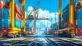 Dynamic container terminal of port is filled with many colorful containers, large cranes, vehicles. Elements of infrastructure
