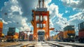 Dynamic container terminal of port is filled with many colorful containers, large cranes, vehicles.