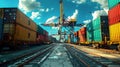 Dynamic container terminal of port is filled with many colorful containers, large cranes, vehicles. Elements of infrastructure