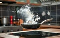 Dynamic Cooking: Flaming Pan on the Stove. Generative ai