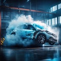 Dynamic crash test simulation showing the moment of impact with airbags deploying for car safety analysis