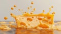 A dynamic, creamy splash of cheese in motion, showing a playful, flowing texture a grey background. AI generated Royalty Free Stock Photo