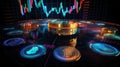 Dynamic crypto analytics visualized in holographic form on black canvas