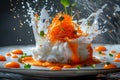 Dynamic Culinary Presentation of Gourmet Dish with Splashing Sauce on Elegant Plate