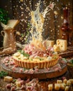 Dynamic Culinary Scene with Cheese Explosion over Ham and Cheese Tart in Rustic Kitchen Setting