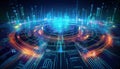 Dynamic cyber visual with advanced financial security layers and holographic mapping. This represents future of cryptocurrency