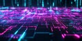 A dynamic 3D abstract background showcasing an infinite array of interconnected glowing circuits,