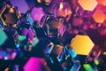 A dynamic 3D background with floating hexagonal prisms that refract multicolored light. The Royalty Free Stock Photo