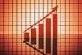 Dynamic 3D bar chart on orange grid backdrop shows growth, reflecting below in virtual environment