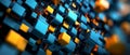 Dynamic 3D digital cubes with glowing orange and blue lighting arranged in abstract layers, symbolizing futuristic data visuali