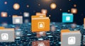 Dynamic 3D File Folders Floating Over A Secure Digital Network Grid, Illustrating Data Management And Cloud Storage. Royalty Free Stock Photo