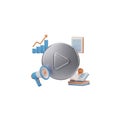 A dynamic 3D illustration combining digital marketing and education icons with a central play button. Royalty Free Stock Photo