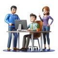 Three cartoon businesspeople collaborating and discussing ideas at workstation Royalty Free Stock Photo