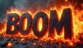 Dynamic 3D letters spelling BOOM engulfed in intense fire, glowing embers. Bold comic style with explosive energy, motion blur Royalty Free Stock Photo