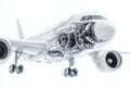 A dynamic 3D of a modern airplane with semi transparent elements, showing a view of its internal