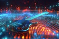 A dynamic 3D music background featuring a levitating, holographic bass guitar surrounded by