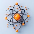 Abstract atomic structure with vibrant glowing orange spheres and dark metallic orbitals, science concept Royalty Free Stock Photo