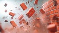 Dynamic 3D render depicting a red brick wall mid-explosion, with bricks and debris flying through the air.