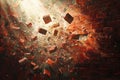 Dynamic 3D render depicting a red brick wall mid-explosion, with bricks and debris flying through the air.