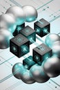 A dynamic 3D render of futuristic data cubes with binary code and network symbols, connected by glowing lines and surrounded by Royalty Free Stock Photo