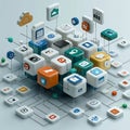 Dynamic 3D render of interconnected app icons and cloud services, digital data flow, modern tech. Royalty Free Stock Photo