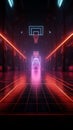 Dynamic 3D render Neon lit basketball court from a thrilling side perspective