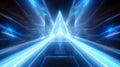 A dynamic 3D-rendered image featuring a glowing blue triangular tunnel .