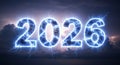 2026 Lightning Text Glowing Against Dark Stormy Sky Background Royalty Free Stock Photo