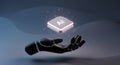 Futuristic robotic hand holds a glowing Artificial Intelligence chip, symbolizing the power of machine learning innovation. Royalty Free Stock Photo