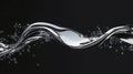A dynamic 3D swoosh in chrome, featuring a realistic metallic texture, with curved patterns and paint drops on a sleek