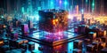 Dynamic 3D Visualization of a Blockchain Cyberattack A Futuristic Render of Binary Code Cubes Data Blocks and the