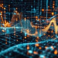 Dynamic data waveforms and digital grid with glowing orange and blue highlights