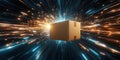 Dynamic delivery box in motion with light streaks and glowing effects Royalty Free Stock Photo