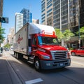 Dynamic Delivery: Speeding White Truck in Vibrant City Intersection