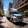 Dynamic Delivery: Speeding White Truck in Vibrant City Intersection